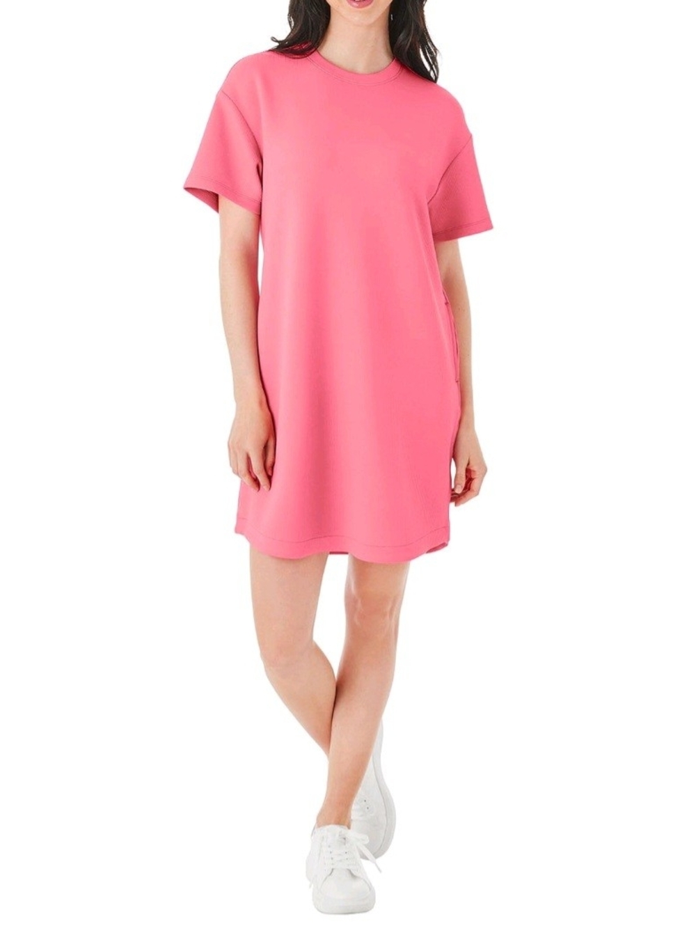 Women's Pink Short-Sleeve Midi Shift Dress With Pockets